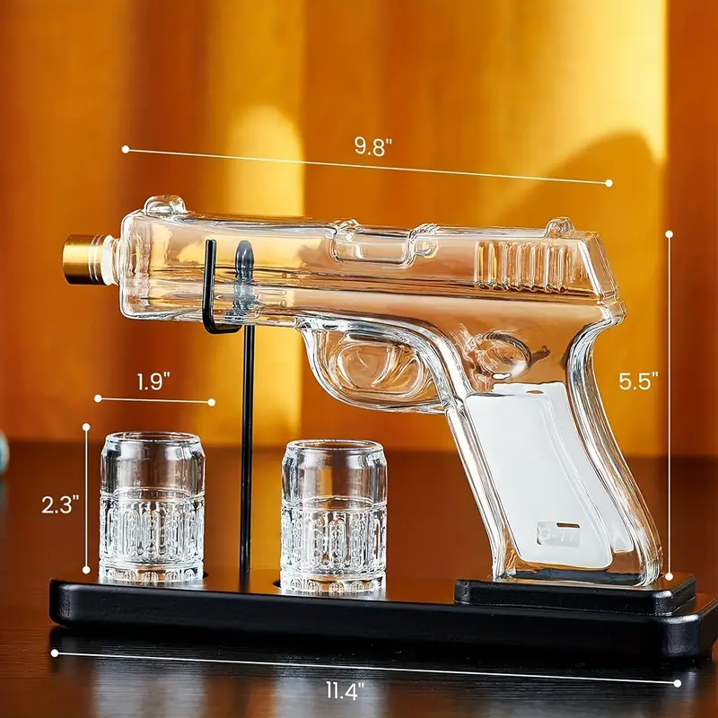 Unique pistol-shaped glass hip flask. Polished metal surface, high-end decanter, perfect choice for home bar, gift for boyfriend, father