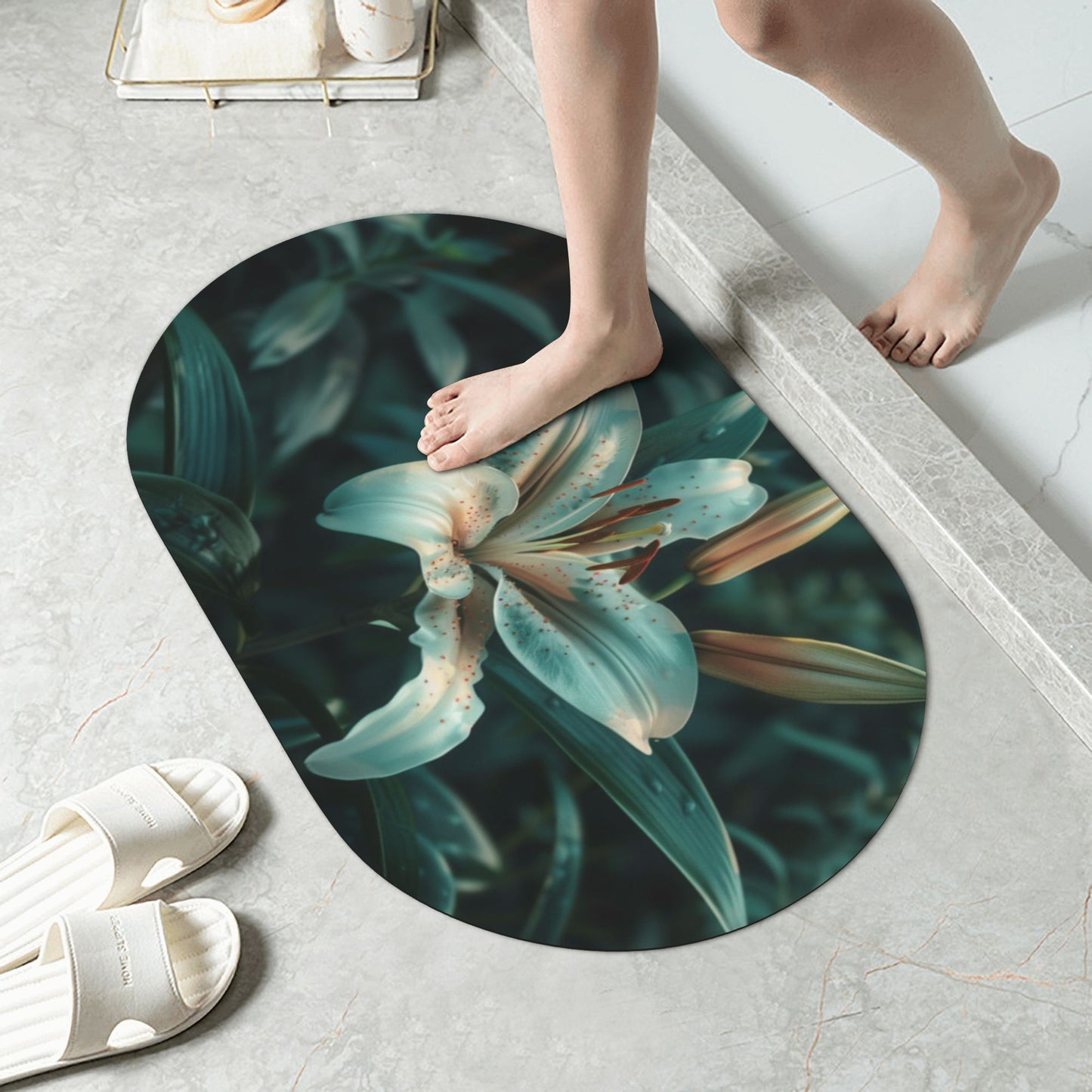 Elegant Lily Pattern Rounded Corner Rubber Mat - 23.6x15.7 Inches, Soft Microfiber Material, Non-Slip and Durable for Home Décor and Utility