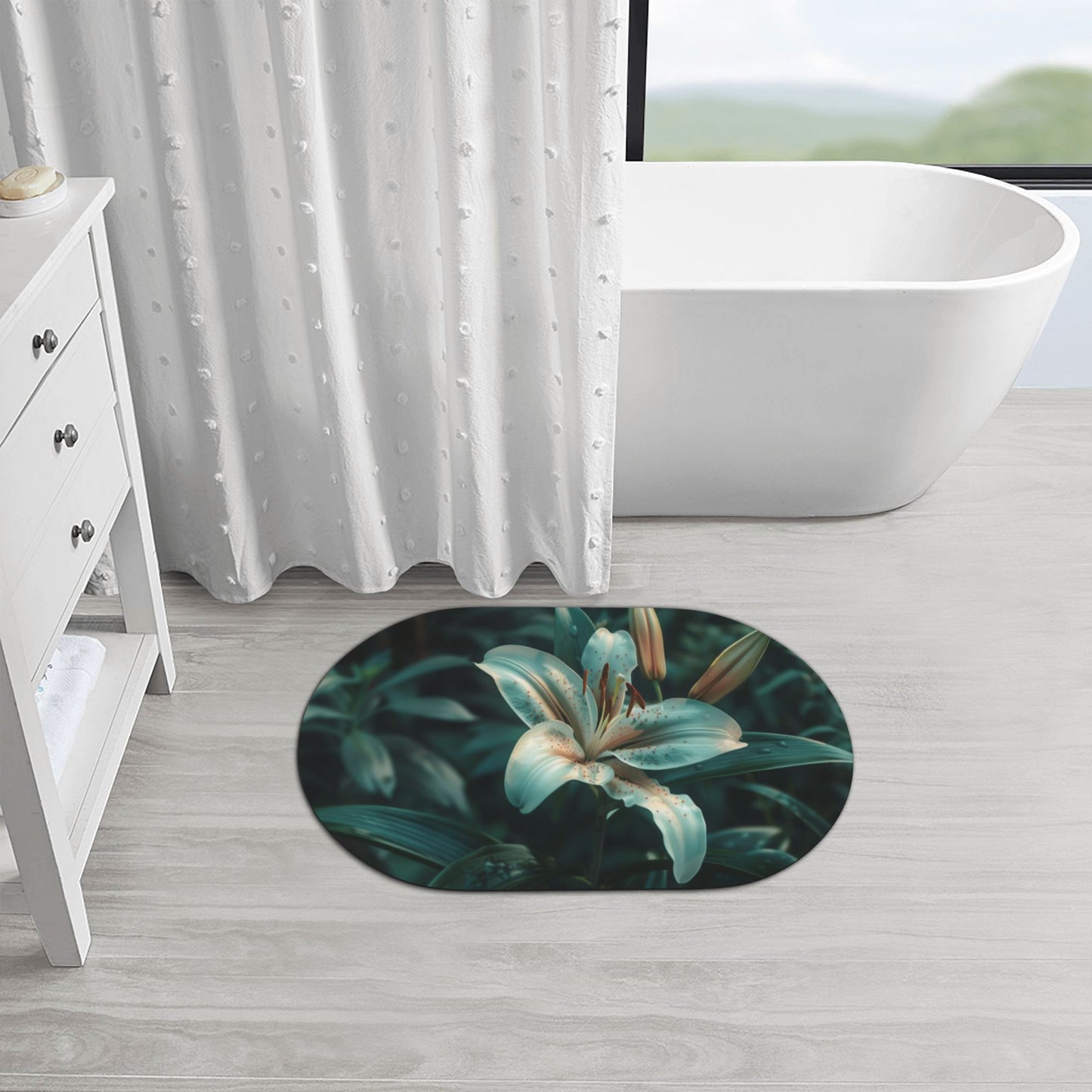 Elegant Lily Pattern Rounded Corner Rubber Mat - 23.6x15.7 Inches, Soft Microfiber Material, Non-Slip and Durable for Home Décor and Utility