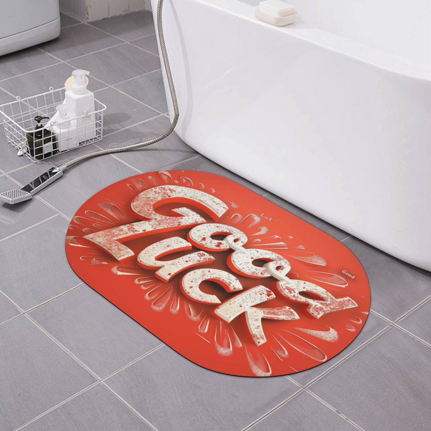 "Good Luck" Rounded Corner Rubber Mat - 23.6x15.7 Inches, Red Luck-Themed Non-Slip Microfiber Mat for Home Décor and Versatile Use