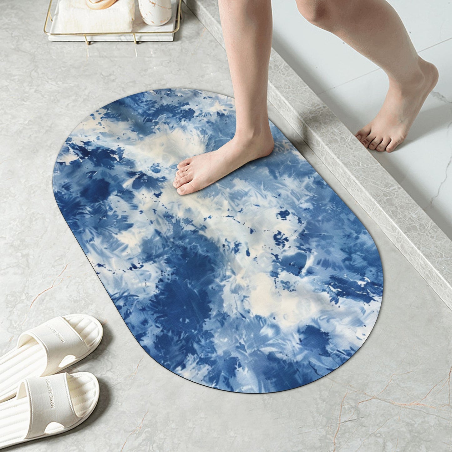 Blue and White Gradient Rounded Corner Rubber Mat - 23.6x15.7 Inches, High-Quality Microfiber Non-Slip Mat for Bathroom, Kitchen, and Home Décor