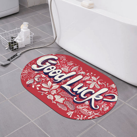 "Good Luck" Themed Non-Slip Rubber Mat - 23.6x15.7 Inches, Red Artistic Microfiber Mat for Bathroom, Kitchen, and Home Décor