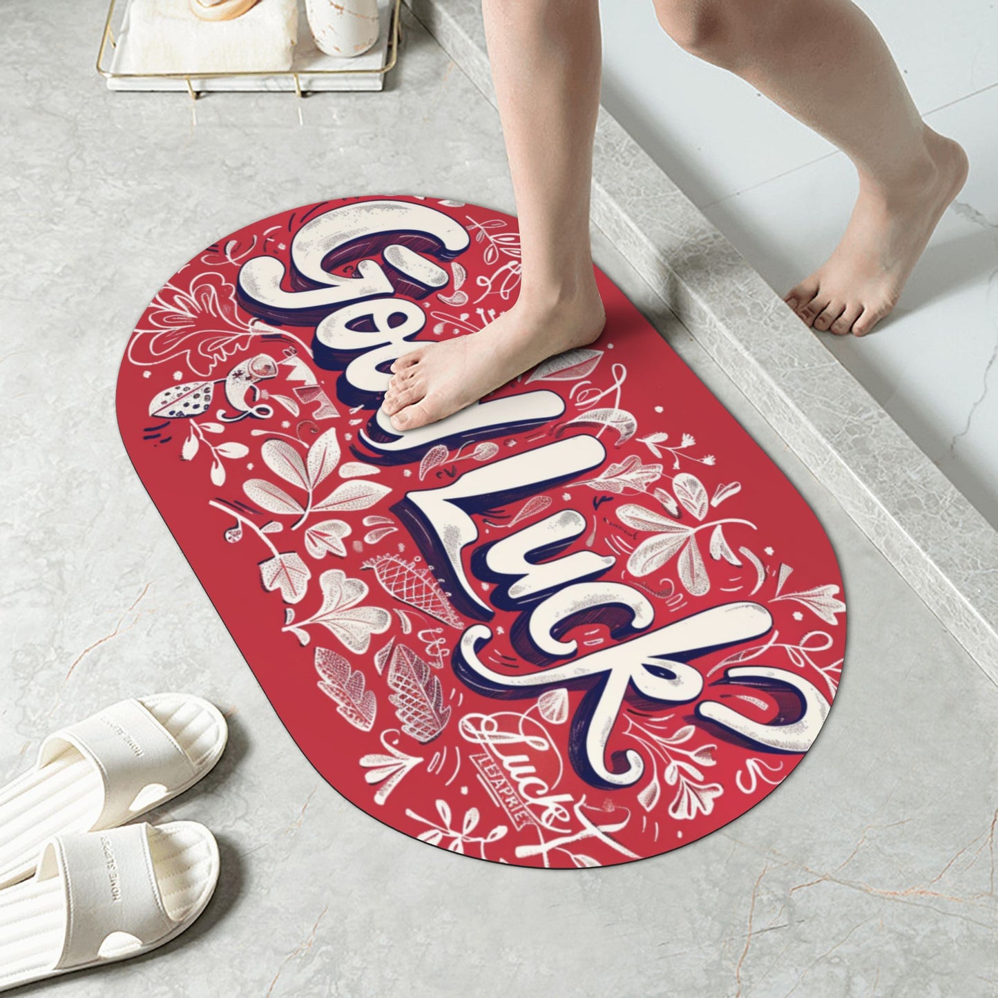 "Good Luck" Themed Non-Slip Rubber Mat - 23.6x15.7 Inches, Red Artistic Microfiber Mat for Bathroom, Kitchen, and Home Décor